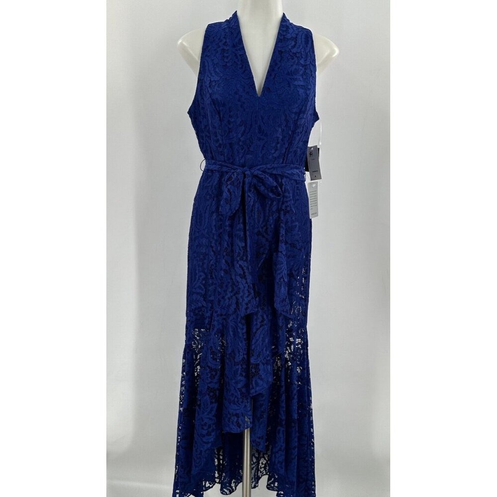 NWT Taylor Dress Bright Blue Lace V-neck Sleeveless Full Skirt Tie Belt Sz 4